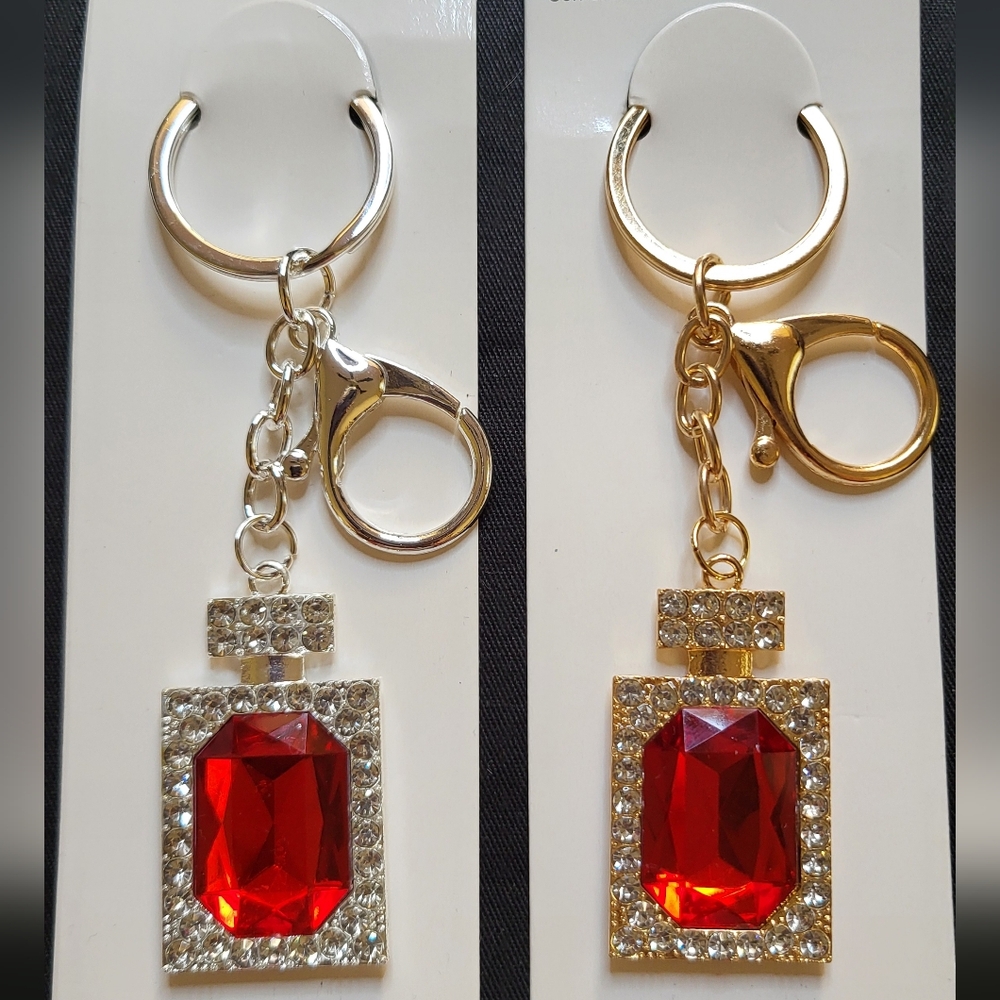 Rhinestoned Red Gem Perfume Bottle Keychain/ Bag Charm In Gold Or Silver NWT